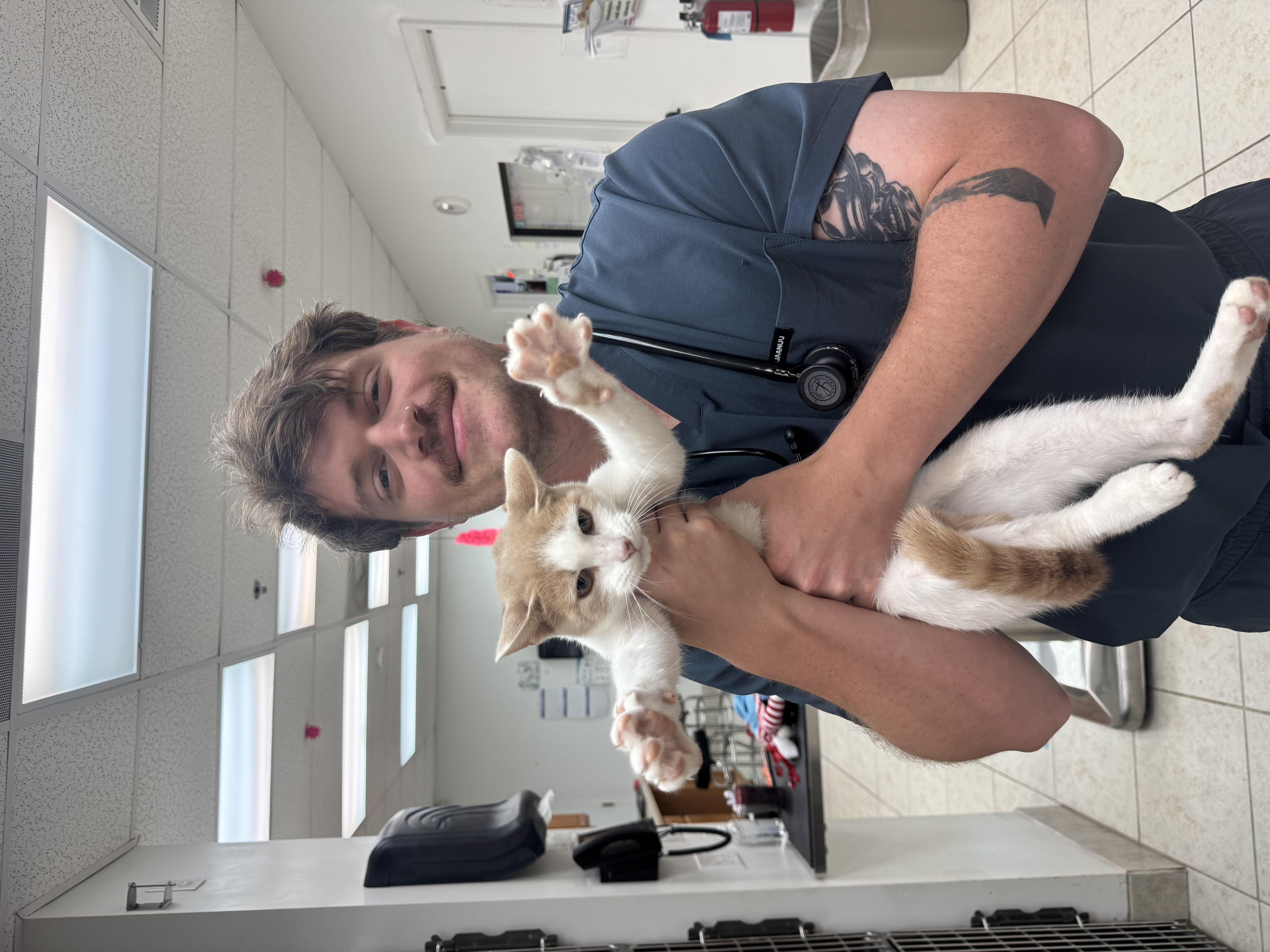 A smiling man holding an orange-and-white cat in a clinic