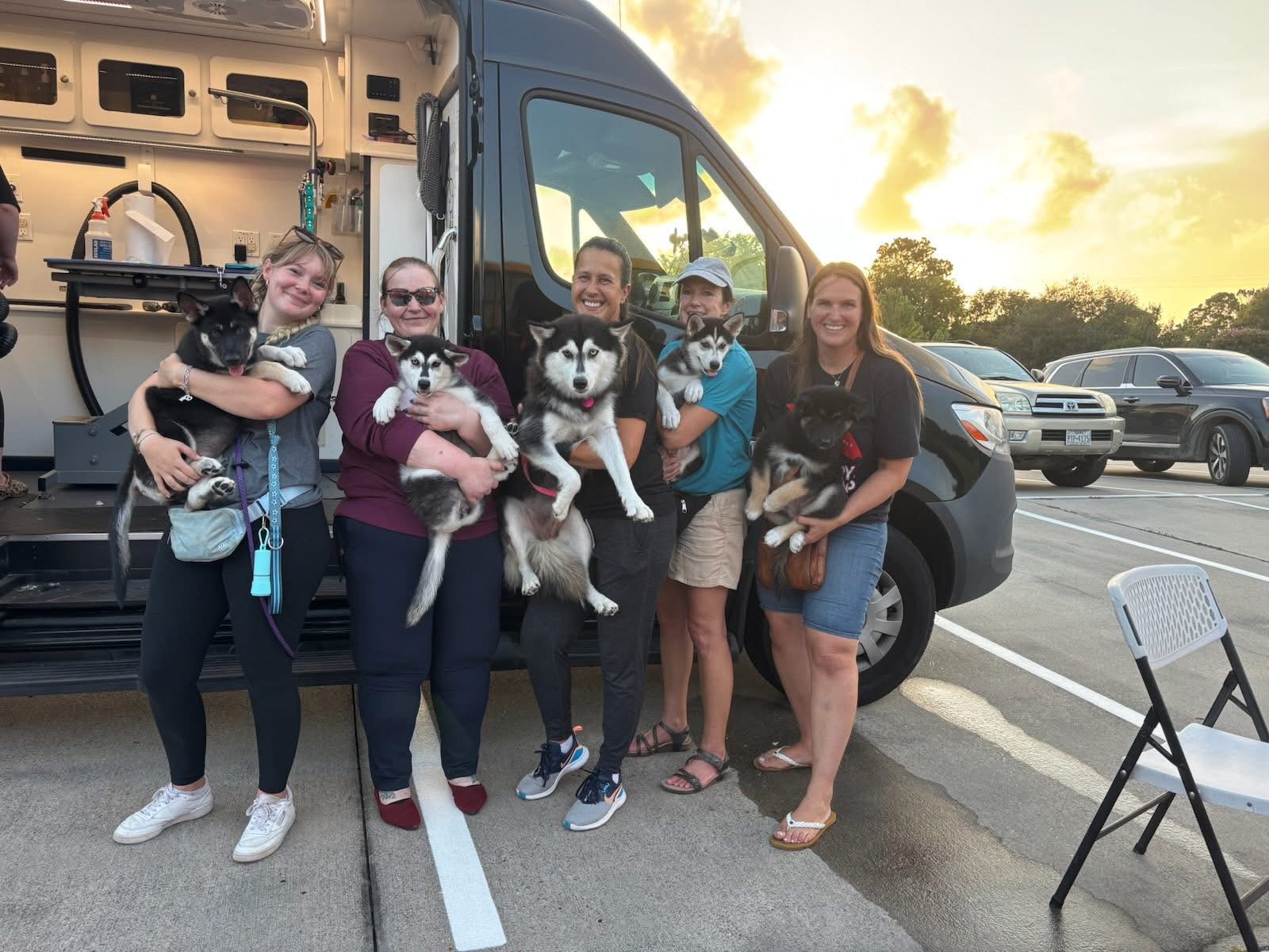Five people holding dogs beside an open rescue transport van at sunset